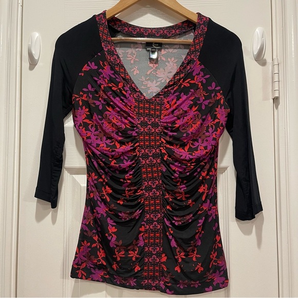 Vtg Y2K Just Cavalli Blouse Women’s 40 Small Black Floral Stretch Designer Italy - Picture 1 of 8